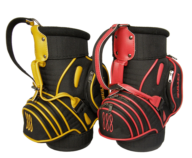 Golf Bag Wine Bottle Cooler Chiller available in black/red or black/yellow suitable accessory that will keep the temperature of the bottle stable for a long period of time to enjoy a cool drink while relaxing with your friends